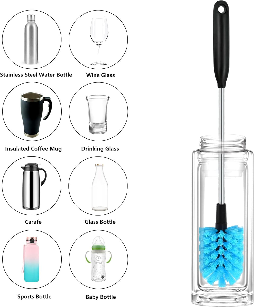3 in 1 Stainless Steel Long Handled Water Bottle Brush Set, Kitchen Scrubber Cleaning Brush for Mugs, Coffee Cups, Glassware, Wine Glasses, Wake-Ups, with Straw Cleaner, Blue
