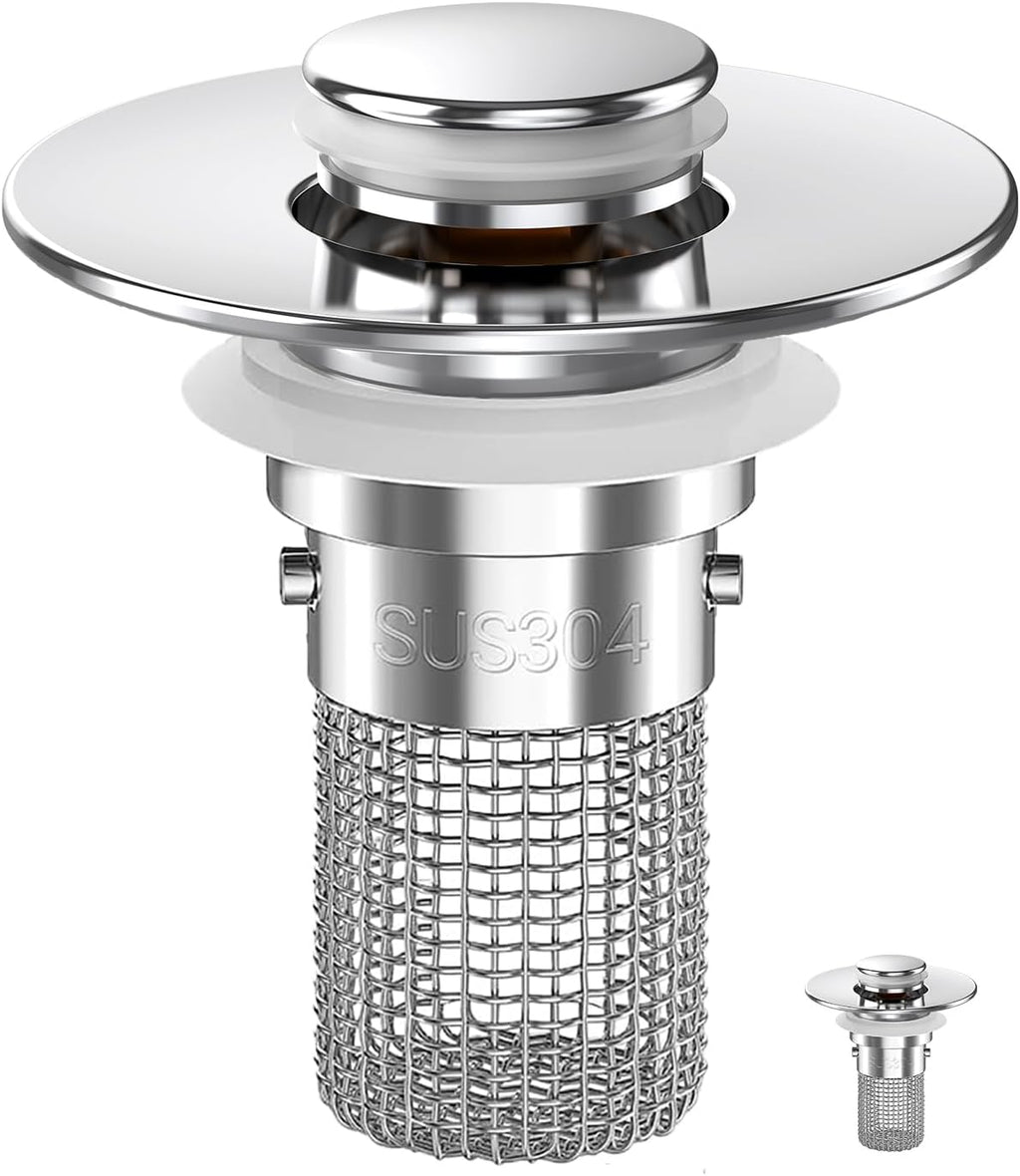 Sink Stopper Hair Catcher, Pop-up Sink Drain Strainer with Removable Stainless Steel Strainer Basket Hair Catcher, Bathroom Sink Strainer for Bathroom Sink Stopper Replacement (1PACK)