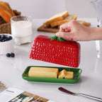Strawberry Butter Dish with Lid, Ceramic ButterDish, Large Kitchen Strawberry Butter Holder, Serving Tray with Cover, Butter Storage Container, Holds 1 Stick (Red, Large)