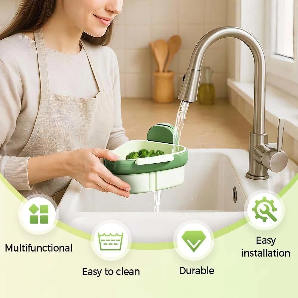 Corner Sink Strainer, 2025 New Upgraded Suction Cup Press Sink Drainer Basket, Automatic Dumping Suction Cup Corner Sinks, Triangle Plastic Sinks Food Catcher Kitchen Faucet Sponge Storage Rack