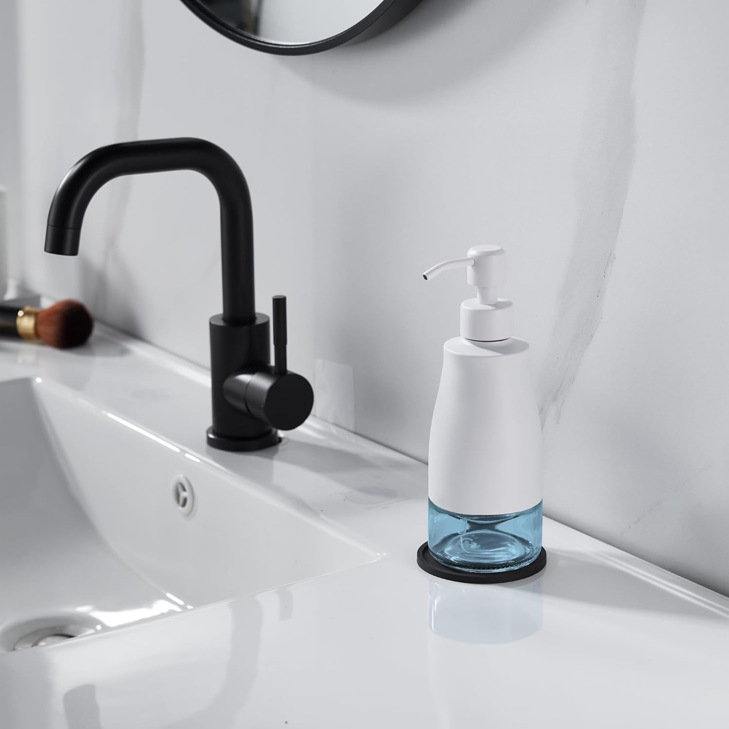 Gaussra White Soap Dispenser with Coaster and Stickers, Stainless Steel and Glass Bottle Hand Pump Dispenser, Refillable Liquid Hand Soap Dispenser for Bathroom & Kitchen (11OZ / 320ML)
