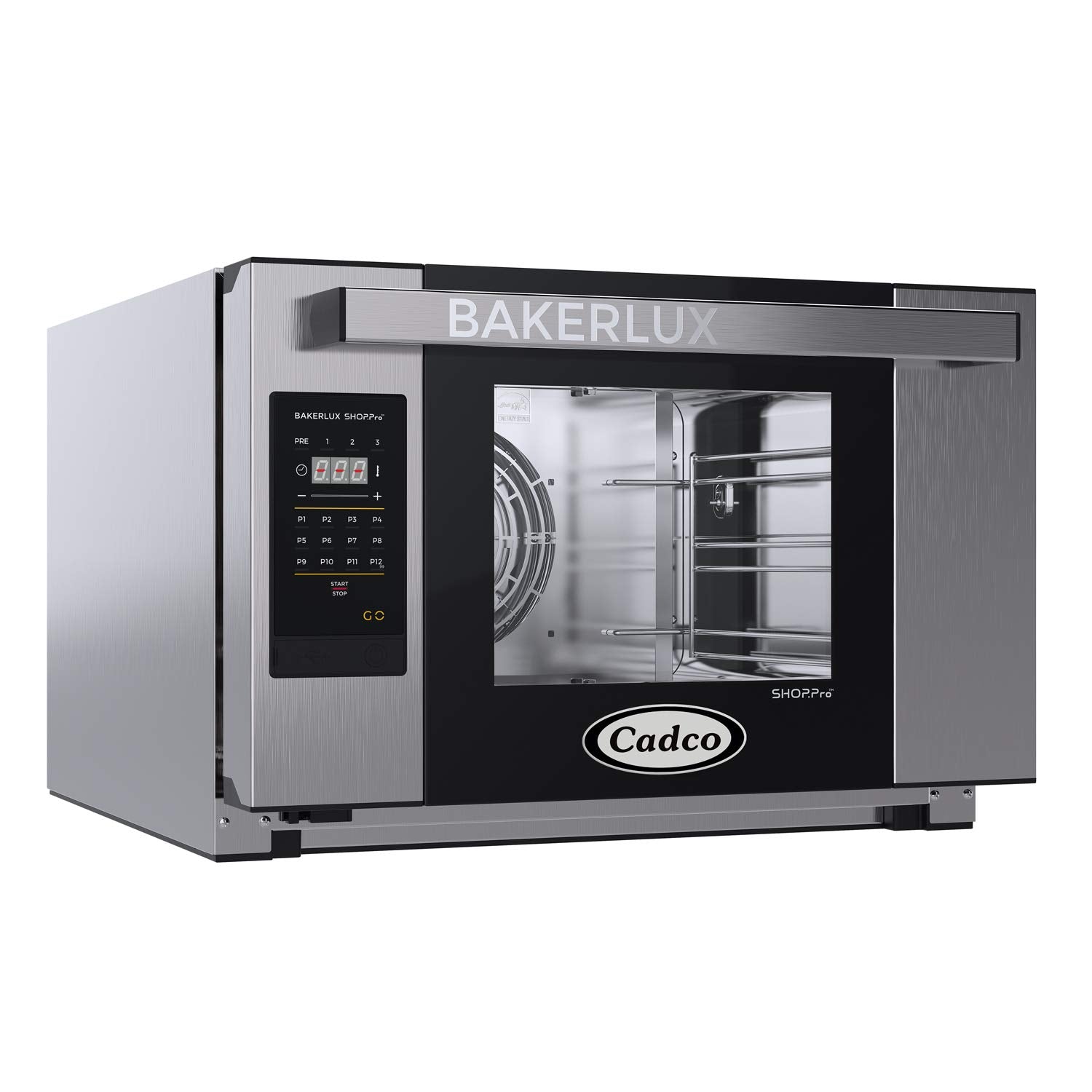 Cadco XAFT-03HS-GD 23-5/8" Bakerlux GO Half-Size Heavy-Duty Countertop Digital Convection Oven for Restaurant Hotel Food Truck Concession Kiosk, 3 Shelves, Stainless Steel, 120V, NSF