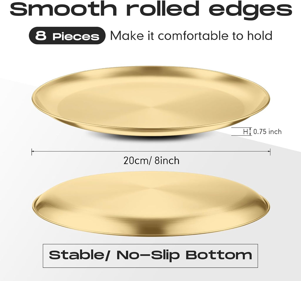 Thenshop 8 Pieces 8 Inch Pizza Pans Bulk Stainless Steel Sets Round Bakeware Pizza Trays for Oven Kitchen Baking Home Restaurant Safe Sturdy Reusable Easy Clean(Gold)