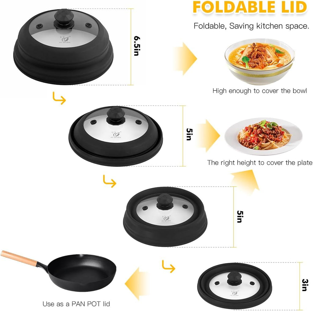 Microwave Splatter Cover Vented Glass Cover Splatter Guard Lid with Collapsible Silicone for Food as Pot Cover Plate Cover 10.8 inch for 6 7 8 9 10 inch Plate Bowl Black