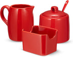 Kook Sugar and Creamer Set, 3 Piece, Pitcher, Sugar Bowl with Lid and Spoon, Sweetener Holder (Red)