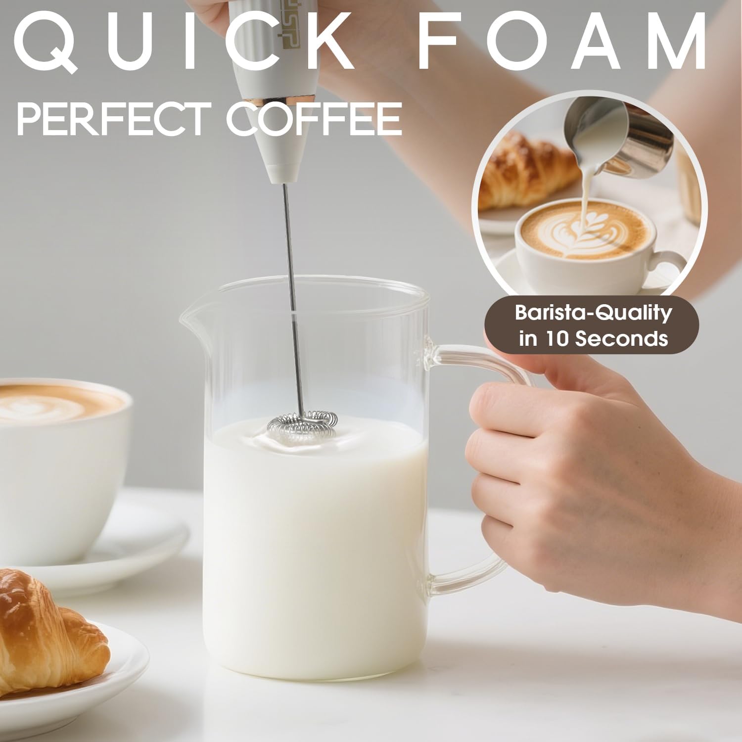 DSP Electric Whisk Rechargeable with Egg whisk milk frothing bar, 3 Speed Adjustable, Milk Frother Handheld for Latte, Cappuccino (White)