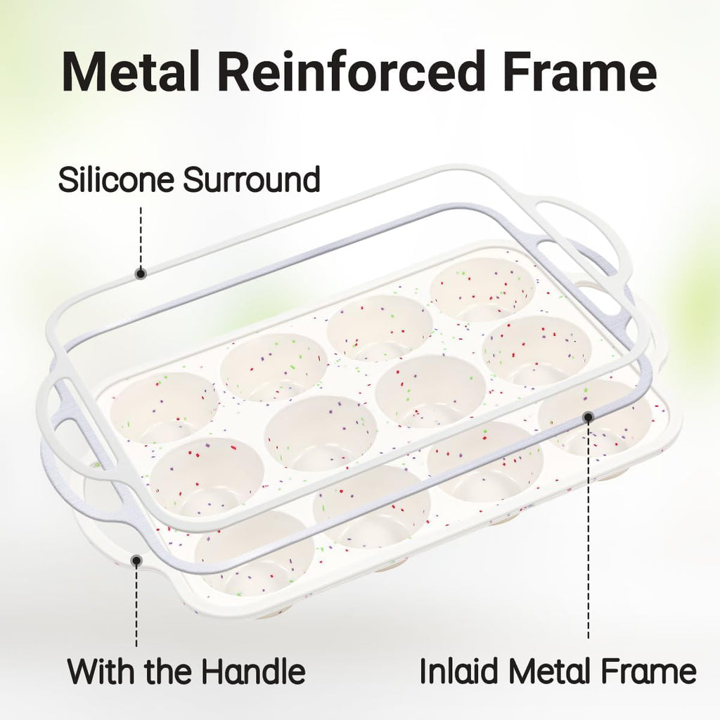 FUNBAKY Silicone Muffin Pan with Metal Frame, Nonstick 12 Cups Regular Size Silicone Muffin Tin for Oven Baking Easy to Move with Handle BPA Free