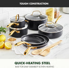 GreenPan 12 Piece Nonstick Swift Cookware Set, Ceramic PFAS-Free Pots & Pans with Lids, Dishwasher & Oven/Broiler Safe to 600F, Kitchen Cooking Set, Sauce, Saute, Stock, Frying Pans, Black/Gold