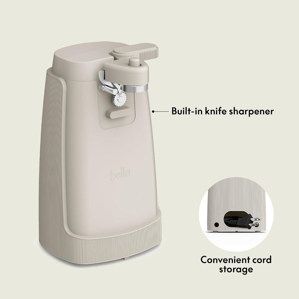 bella Electric Can Opener and Knife Sharpener, Multifunctional Jar and Bottle Opener with Removable Cutting Lever and Cord Storage, Stainless Steel Blade, Oatmilk