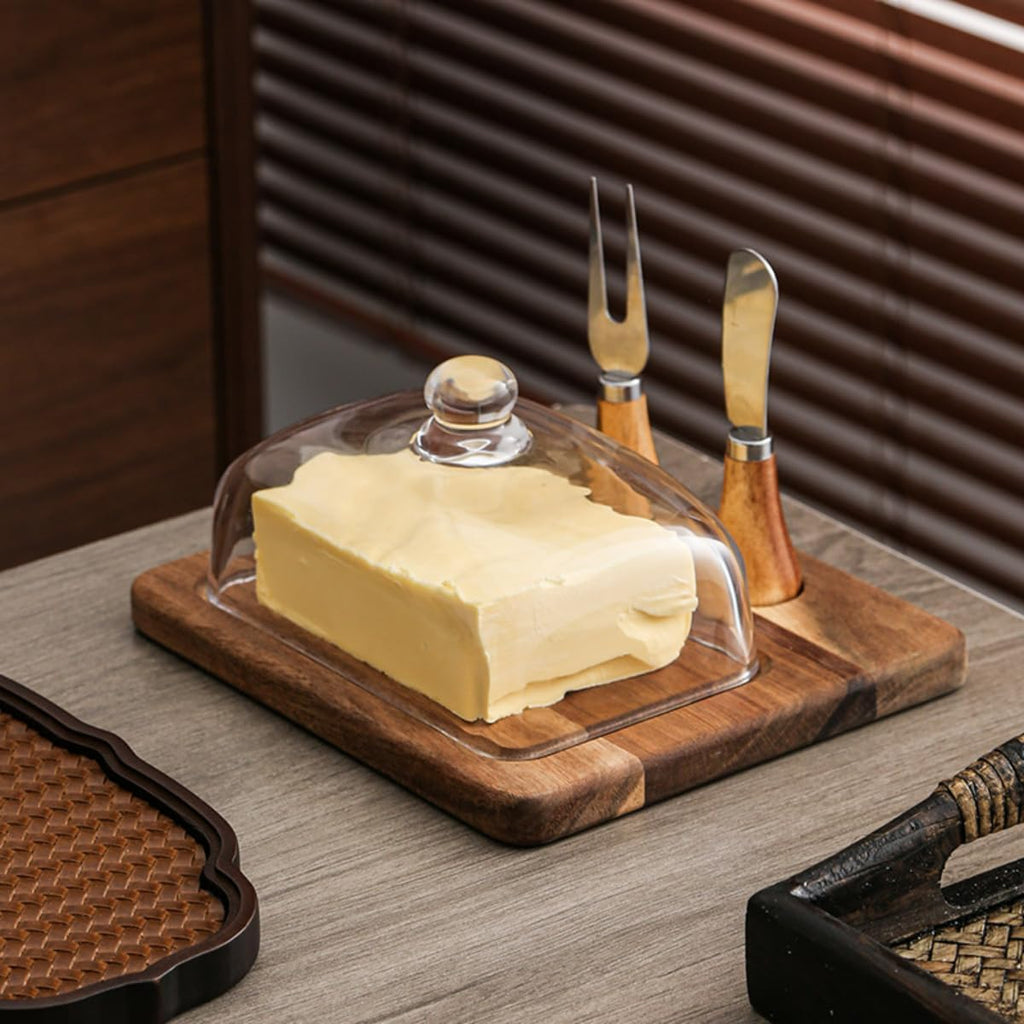 Acacia Wood Butter Dish with Knife and Glass Cover for Cheese, Butter, Cake, Dessert Serving Tray Elegant Kitchenware (2 knifes)
