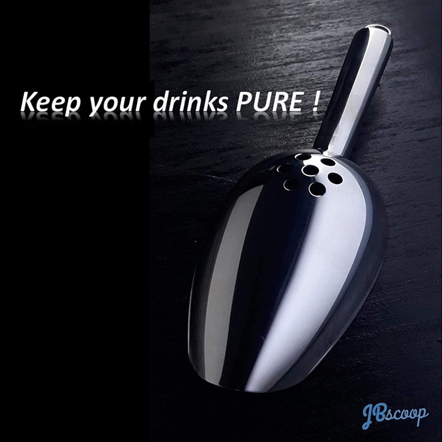 JBscoop Large Ice Scoop with Holes. Stainless Steel Ice Scoop with Drain Holes to Reduce Unwanted Dilution. Heavy Duty and Dishwasher Safe. Six Ounce Capacity.