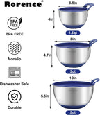 Rorence Stainless Steel Mixing Bowls: Stackable Mixing Bowl Set with Lids and Handles Non-slip Silicone Bottom Nesting Bowls for Kitchen Set of 3 - Blue