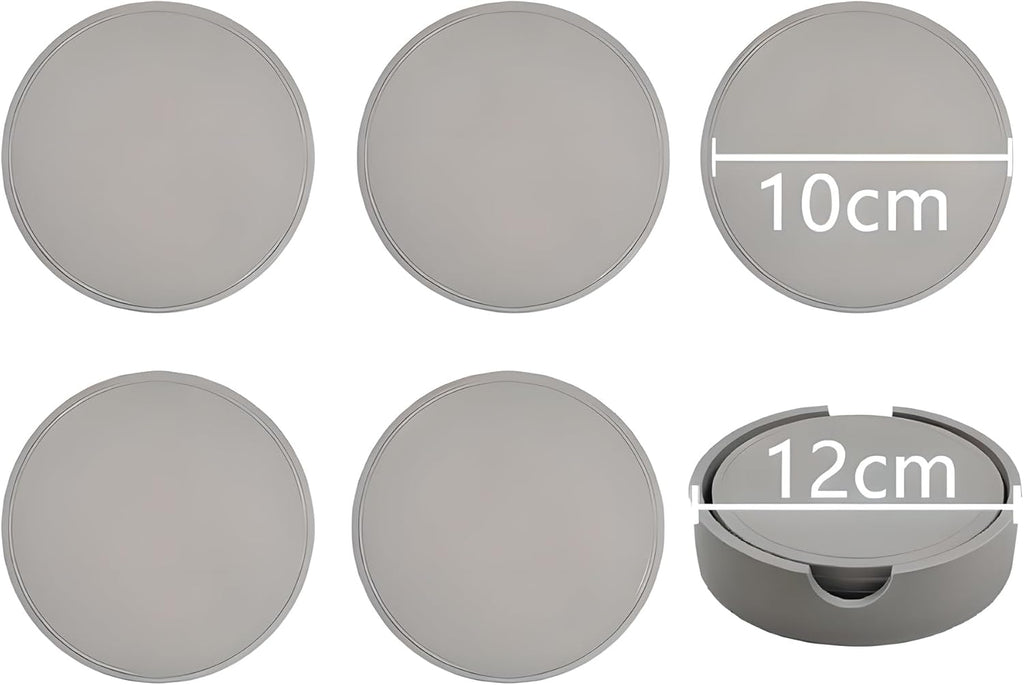 5-Piece Silicone Coasters Set with Holder - 3.9“ Non-Slip & Anti-Overflow Design for Hot/Cold Drinks | Thickened Kitchen & Living Room Decor, Housewarming Gifts for Men (Coffee, Beer, All Cup Types)