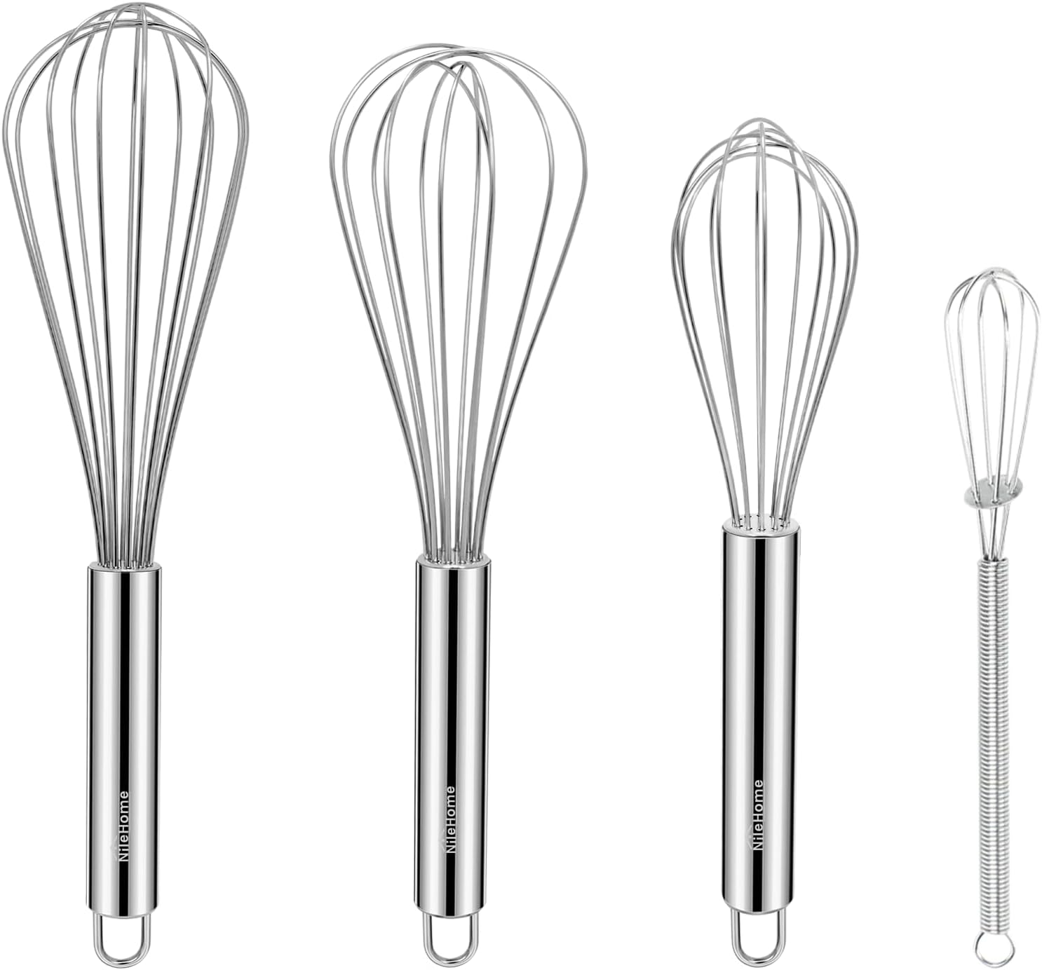 NileHome Stainless Steel Whisk Set 8" 10" 12" Kitchen Whisk Kitchen Wisk Wire Whisks for Cooking, Whisking, Blending, Beating, Stirring-4 Pack