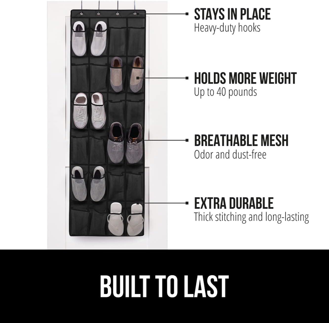 GORILLA GRIP Over the Door Shoe Organizer, 24 Large Breathable Mesh Pockets, Space Saving Hanging Storage Holder, Closet Rack Hanger Holds Up to 40 lbs, Hangs on Closets for Shoes, Accessories, Black