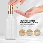 Glass Soap Dispenser - Dish Hand Soap Dispenser Set for Kitchen, Bathroom Soap Lotion Dispenser with 304 Rust Proof Pump, Tray, Clear Bottle/Gold Pump