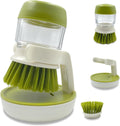 Soap Dispenser Palm Dish Brush with Storage Bracket – Drainage Base, Easy-to-Clean Kitchen Utensil Cleaner | Includes Extra Soft Bristle Brush (Green)