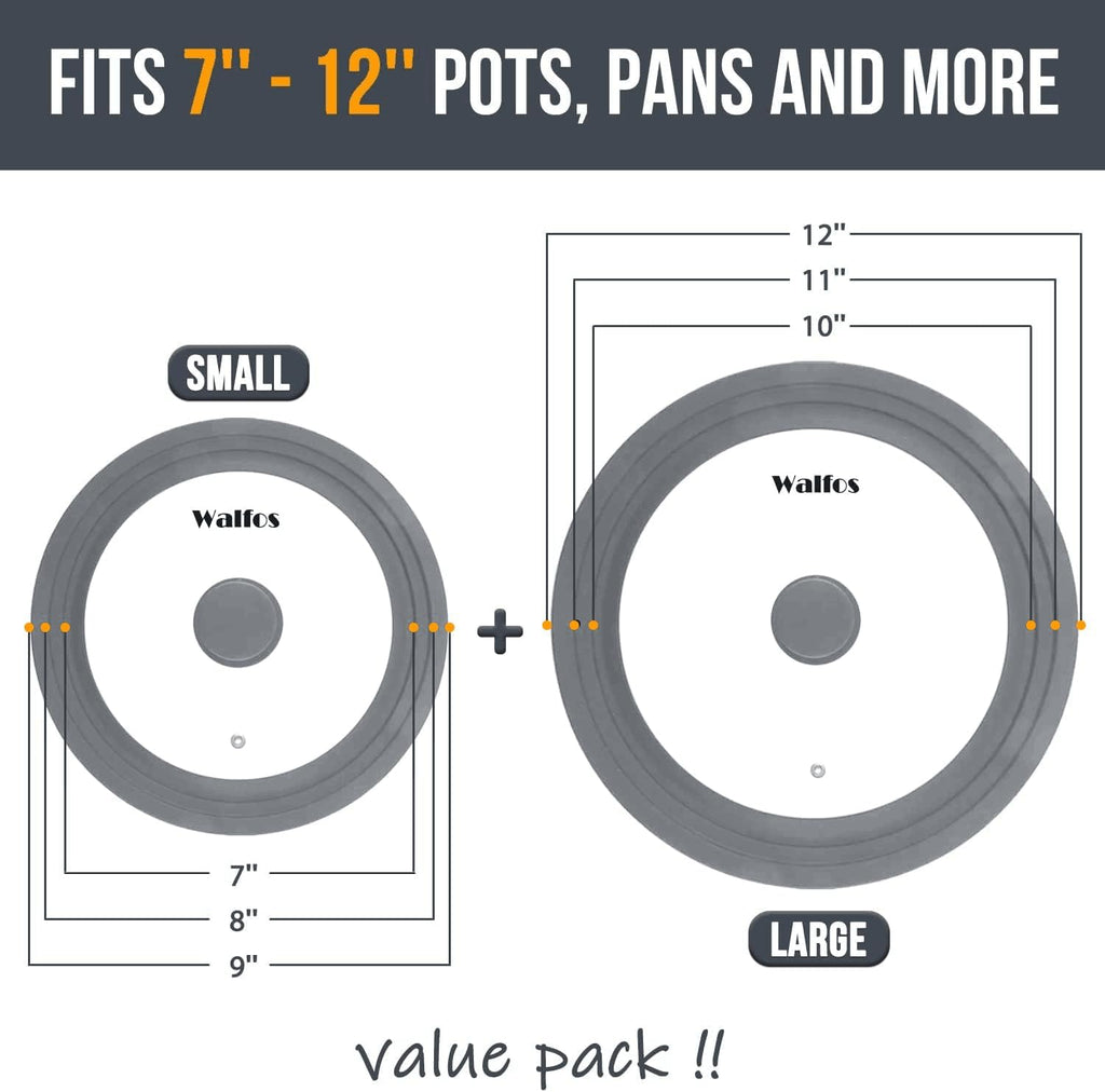 Universal Lid for Pots, Pans and Skillets - Walfos Tempered Glass Pan Lid with Heat Resistant Silicone Rim, BPA Free Large Pot Lids Fits 7" to 12" Diameter Cookware, Dishwasher-Safe, Grey