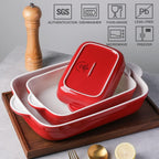 Sweejar Casserole Dishes for Oven, Ceramic Bakeware Set of 3, Lasagna Pan Deep with Handle, Rectangular Baking Pan Set, 9x13 Baking Dish for Cooking, Banquet and Daily Use (Red)