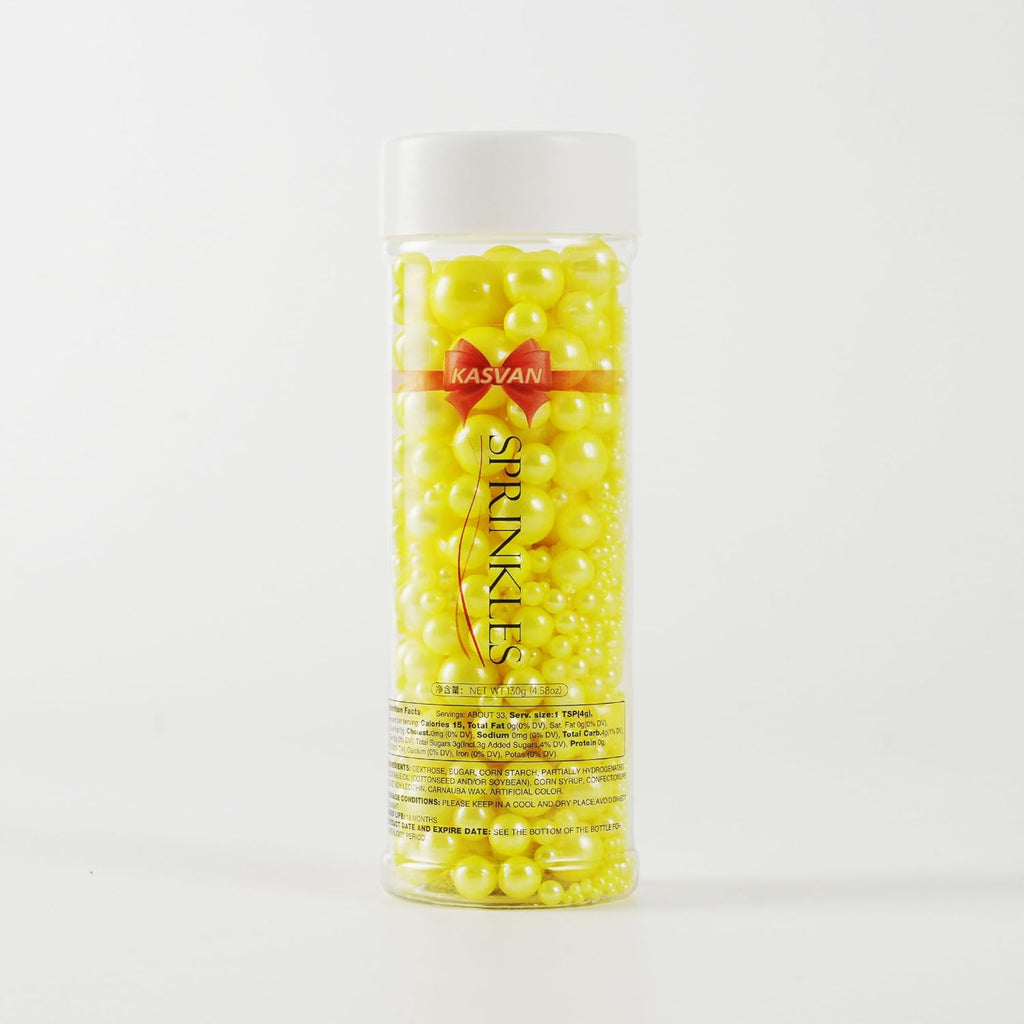 Kasvan Yellow Pearl Sugar Sprinkles - Edible Candy Pearls 130g/4.58 Oz, Mix Size, Baking Cake Decorations, Ice Cream Toppings and Cookie Decorating, Wedding Party Chirstmas Supplies