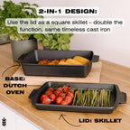 Kuha 2-in-1 Square Cast Iron Dutch Oven, 6 QT – Skillet Lid & Casserole Dish, Pre-Seasoned 13×9 Baking/Roasting Pan, Oven-Grill-Campfire Safe, Comes with Chainmail Scrubber