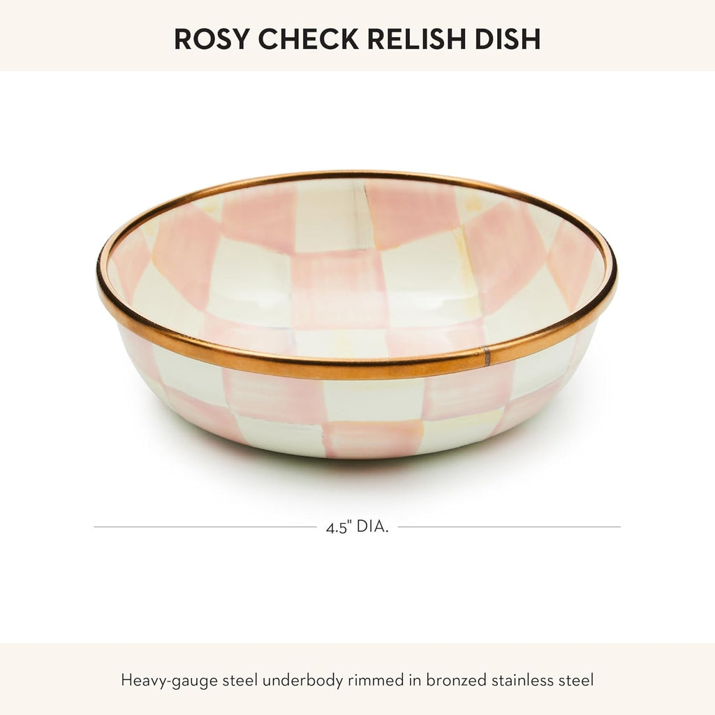 MACKENZIE-CHILDS Enamel Dipping Bowl, Small Serving Bowl for Entertaining, Pink-and-White Rosy Check