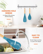 Cooking Spoon and Rice Scooper for Nonstick Cookwares, Great for Cooking and Serving Sturdy BPA-Free Matte Silicone, Wood Handle Spoon for Mixing, Scoop, and Scrape, Turquoise