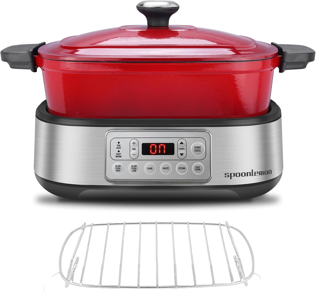 Electric Dutch Oven Multi-Cooker, 5.8QT Enameled Cast Iron Pot - 1250W Fast Heating, 6 Preset Functions, Digital Display & Keep Warm, Oven Safe Pot To 392℉, with Removable Pot, Steam Rack