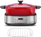 Electric Dutch Oven Multi-Cooker, 5.8QT Enameled Cast Iron Pot - 1250W Fast Heating, 6 Preset Functions, Digital Display & Keep Warm, Oven Safe Pot To 392℉, with Removable Pot, Steam Rack