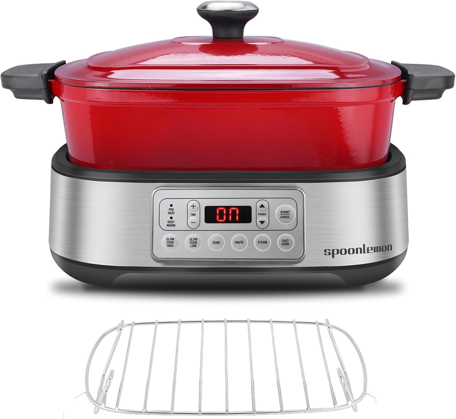 Electric Dutch Oven Multi-Cooker, 5.8QT Enameled Cast Iron Pot - 1250W Fast Heating, 6 Preset Functions, Digital Display & Keep Warm, Oven Safe Pot To 392℉, with Removable Pot, Steam Rack