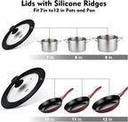 Universal Lids for Pots, Pans & Skillets - Fits 7", 8" & 9" Diameter, 10", 11" & 12" Diameter Cookware, Tempered Glass with High Heat Resistant Silicone Rim (2PK)