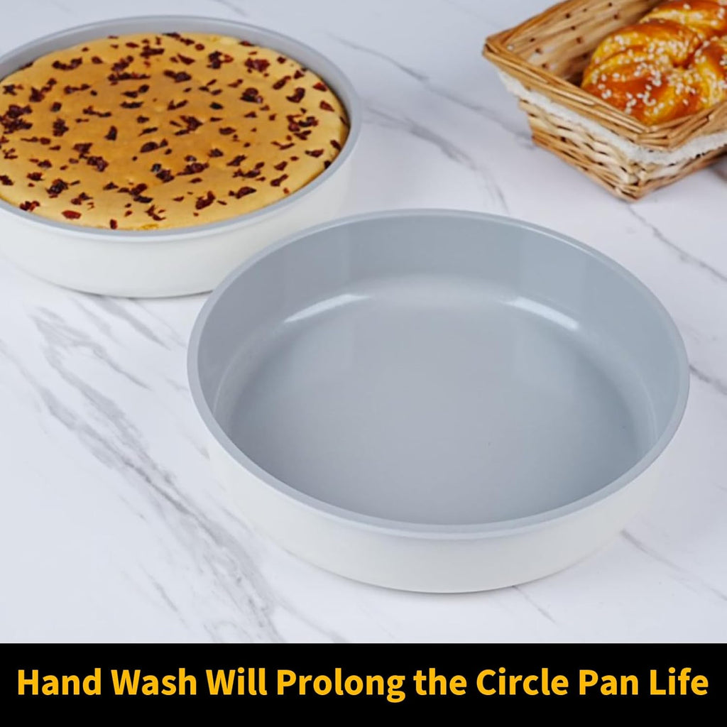 9.5 Inch Round Cake Pan Set of 2,Cast Aluminum Bakeware Ceramic Nonstick Oven and Dishwasher Safe(Beige)