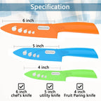 WACOOL Ceramic Knife Set 3-Piece (6-inch Chef's Knife, 5-inch Utility Knife,4-inch Fruit Paring Knife), with 3 Knife Sheaths for Each Blade (Colorful Handle)