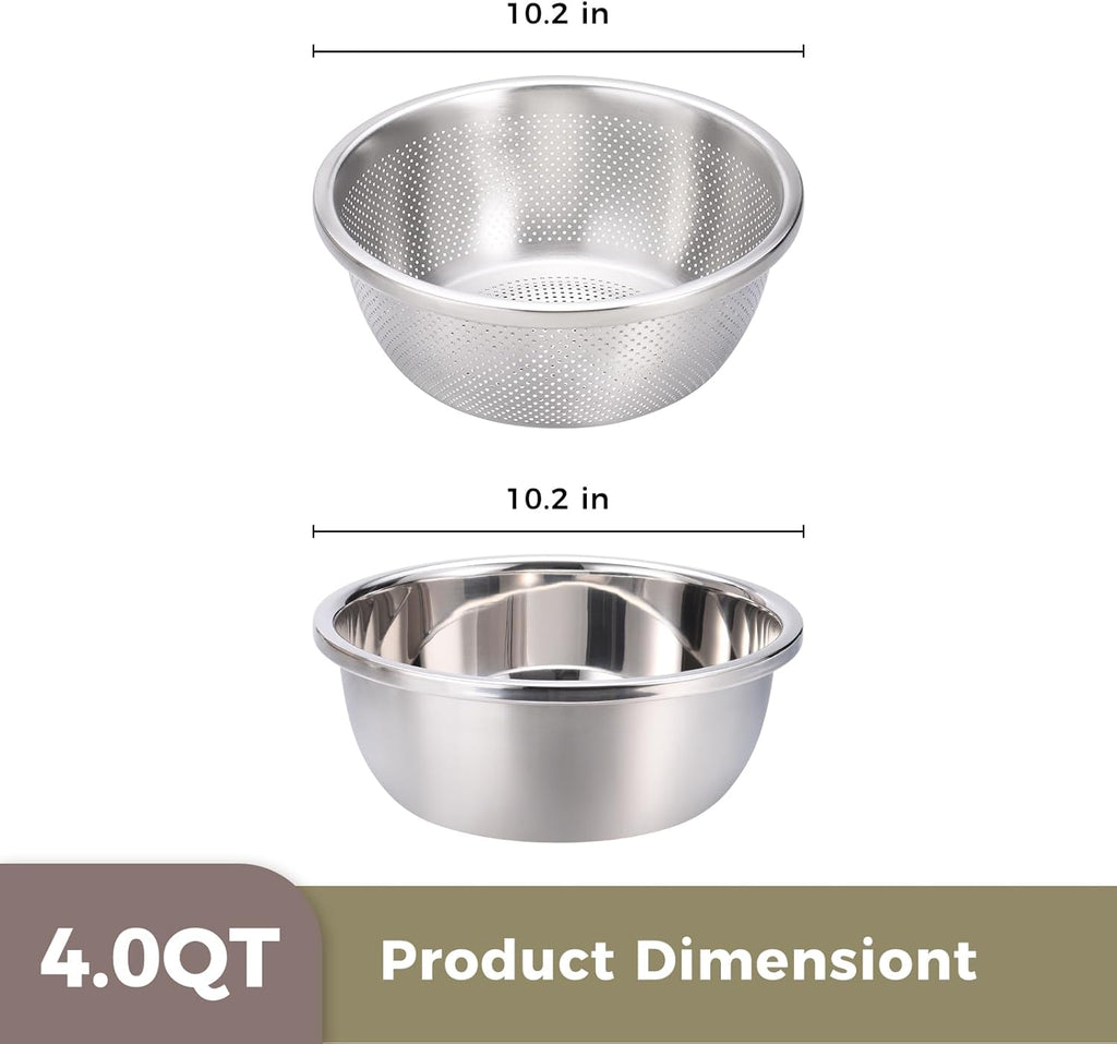 Colander and Bowl Set 4.0QT (2-in-1) - Thickened 304 Stainless Steel Kitchen Strainer Bowl for Fruit, Pasta, Vegetables, Rice - Heavy Duty, Induction Cooker & Dishwasher Safe