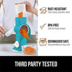 GORILLA GRIP BPA-Free Rotary Cheese Grater Hand Crank, Easy to Set Up, Strong Suction Base for Kitchen Countertop, Shred Potato, Vegetable, Nuts in Seconds, Round Mandoline Slicer, 3 Blades, Turquoise
