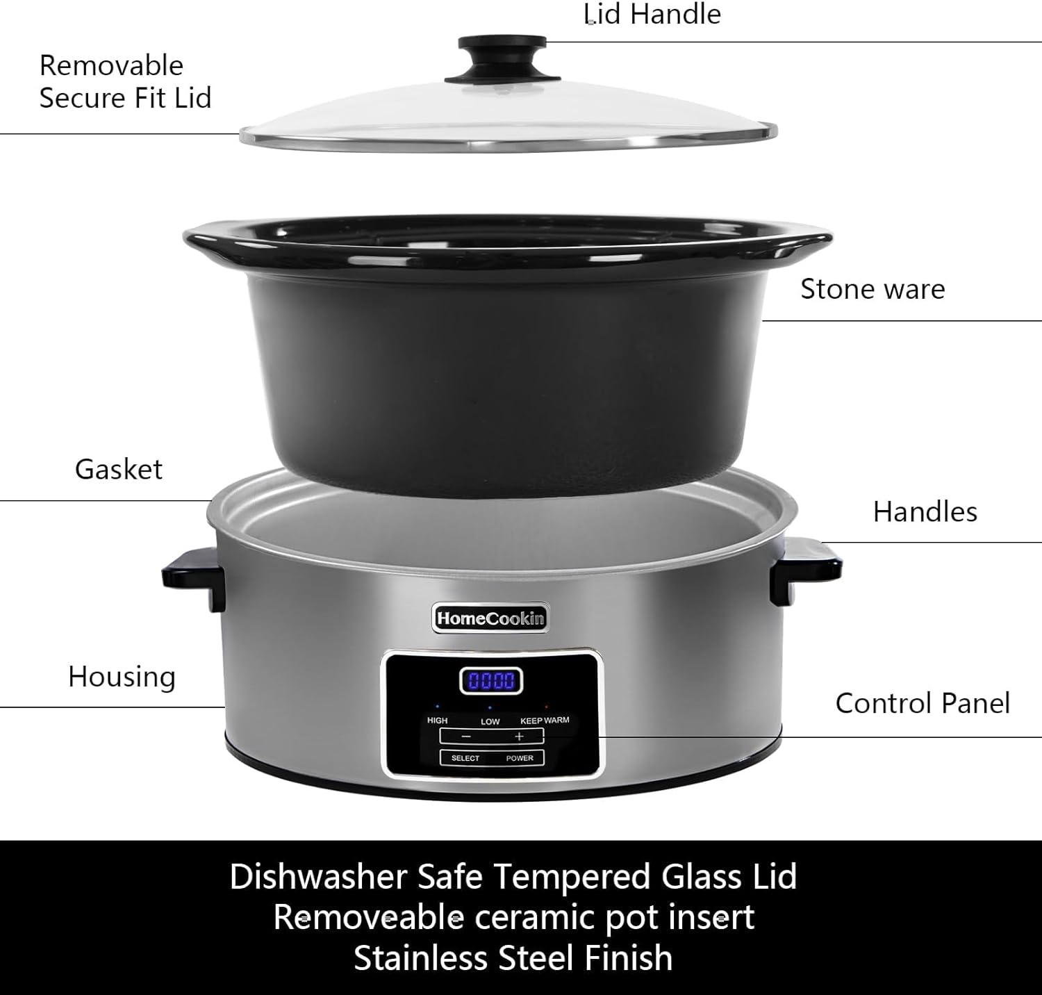 HOMECOOKIN 6-Quart Digital Programmable Slow Cooker with Timer - Small Kitchen Appliance for Family Dinners - Serves 6+ People - Heat Settings: Keep Warm, Low and High