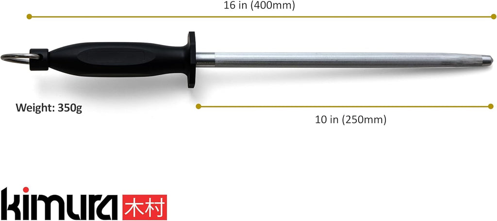 Kimura® Professional Honing Steel, 10 inch Honing Rod, Carbon Steel Knife Sharpener, Magnetized Steel, Ergonomic & Balanced Polypropylene Handle, Ideal for All Chef Knives, Japanese Gift Box