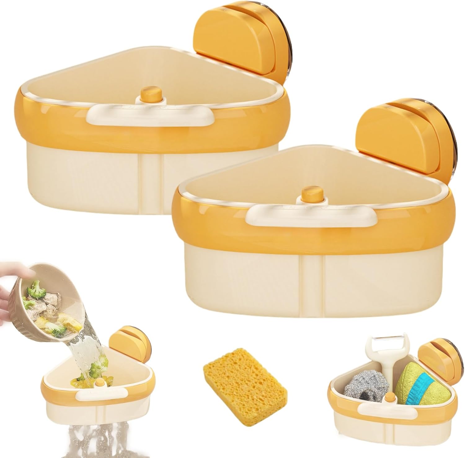 Suction Cup Sink Corner Rack, 2025 Upgraded Automatic Dumping Sink Strainer Basket, Suction Cup Press Sink Drainer Basket, No Drilling Corner Sink Strainer for Food Waste (Yellow, 2Pcs)