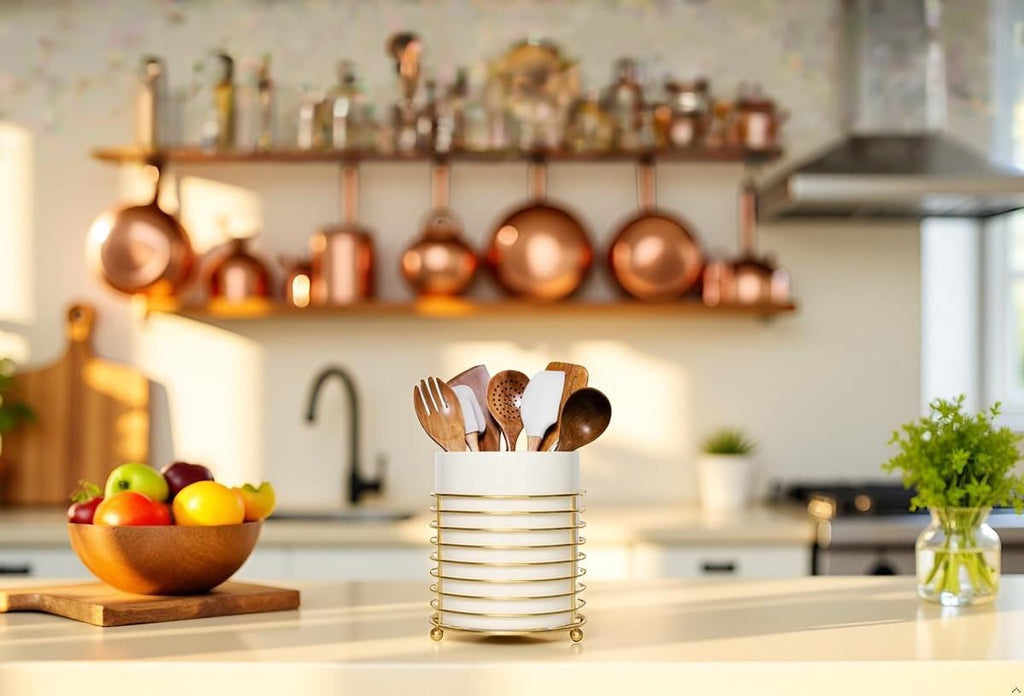 Utensil Holder for Kitchen Counter Large Cooking Utensil Holder,Gold Ring Metal Frame and White Ceramics