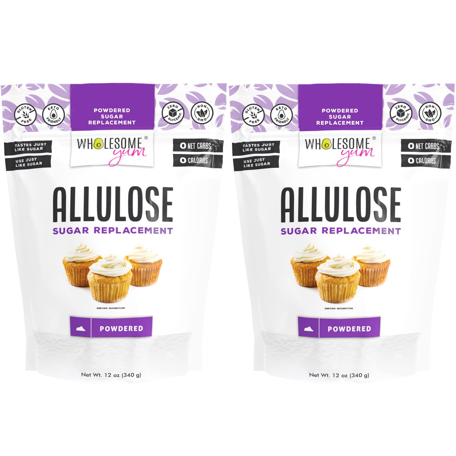 Wholesome Yum Powdered Allulose Sweetener - Natural Keto Powdered Sugar Substitute - Non GMO, Zero Carb, 0 Calorie, Sugar Free, No Aftertaste - Confectioners Sugar Replacement (12 oz, 2 Pack)