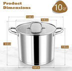 P&P CHEF 10 Quarts Cooking Stock Pot with Lid, Stainless Steel Stockpot Induction Pot for Soup, Tri-Ply Bottom & Clear Glass Lid & Double Handle, Dishwasher Safe