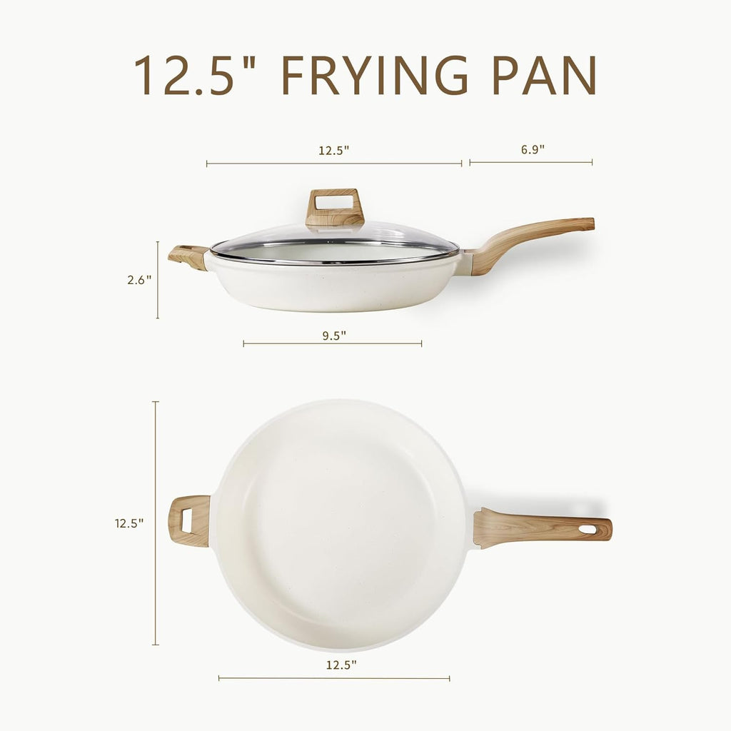 CAROTE 12.5 Inch Non Stick Frying Pan with Lid,White Granite Nonstick Skillet Omelet Pans, Egg Pan Granite Cookware, PFOS & PFOA Free