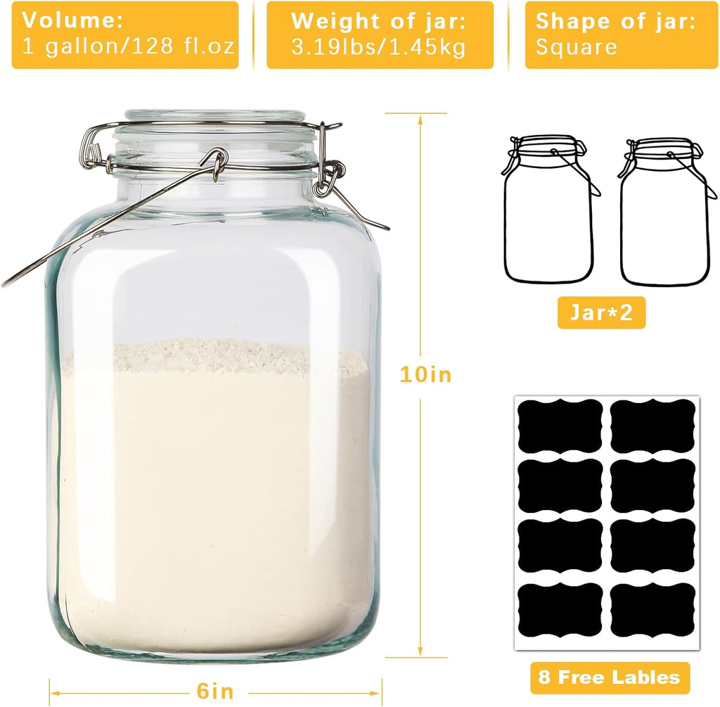 1 Gallon Airtight Glass Food Storage Jars Set of 2 with Lids, Extra Large Glass Storage Containers with Handle for Flour, Cereal, Coffee and Canning, Square Mason Jars with 8 Chalkboard Labels
