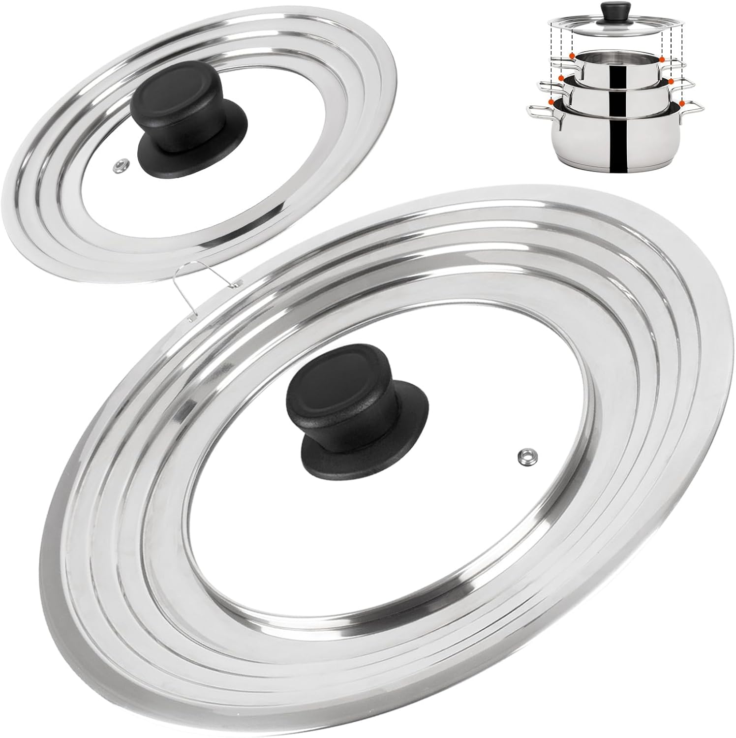 Universal Lids with Tempered Glass Top Fits 6, 7, 8 & 8.2, 9, 10, 11, 12, 12.5 Inch Cookware, Replacement Frying Pan Cover for Pots, Pans and Skillets, Cast Iron Lids for Space Saving