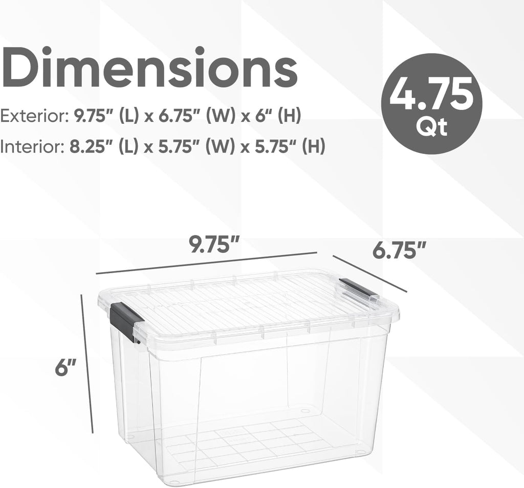 Superio Clear Storage Boxes with Lids, 4.75 Quart Plastic Container Bins for Organizing, Stackable Crates, BPA Free, Non Toxic, Odor Free, Organizers for Home, Office, School, and Dorm
