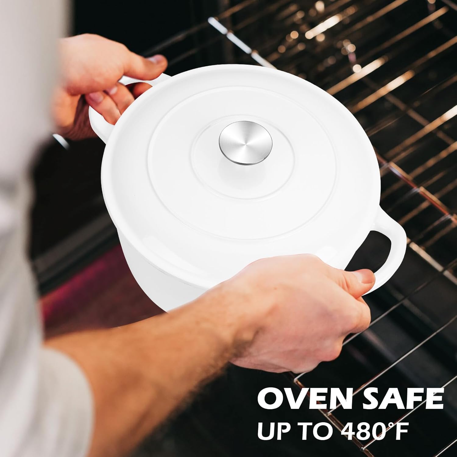6 Quart Dutch Oven with Lid, Leonyo 6QT Enameled Cast Iron Dutch Oven for Sourdough Bread Baking, Heavy Duty Cookware for Braising, Stews, Roasting, White