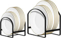 LINFIDITE 2 Pack Kitchen Plate Holder Organizer for Cabinet Space Saver Dinner Plate Storage Rack Upright Dish Drying Racks Metal Dish Stand for Cupboard Countertop Rustproof Black (1 Large 1 Small)