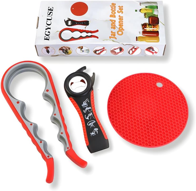 Jar Opener Bottle Opener for Elderly Sufferers Children Weak Hands Seniors with Arthritis Can Opener Jar Lid Opener Jar Gripper Pad Silicone Handle 5-in-1 Multi-functional 3 Pc Set