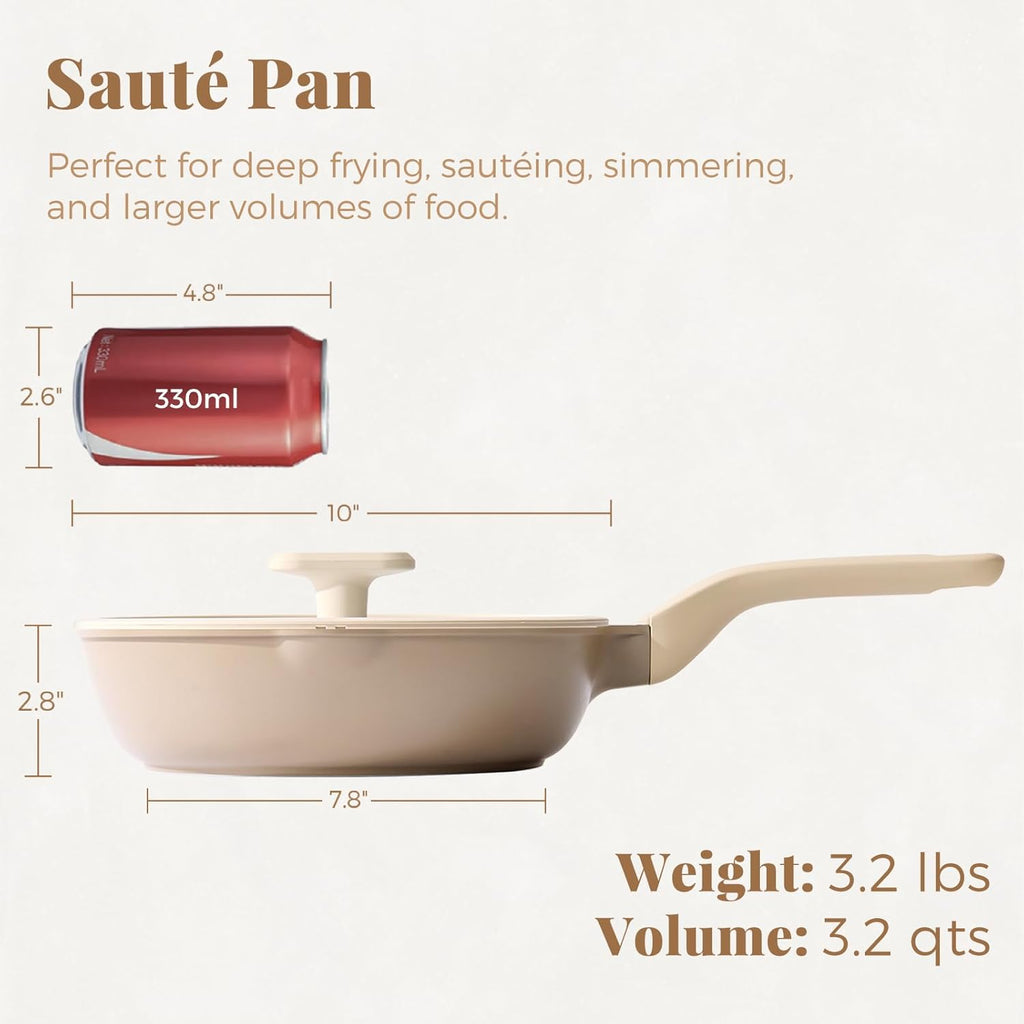 Nonstick Deep Frying Pan with Glass Lid, 10 Inch (3.2 qt), 5X Durable Nonstick Sauté Pan, Scratch & Stain Resistant, PFOA Free, Induction Compatible, Dishwasher & Oven Safe, Natural Linen