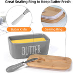 Ceramic Butter Dish with Wooden Lid, Large Butters Container Keeper Storage with Stainless Steel Knife Spreader, Bamboo Cover and Silicone Sealing Ring for West East Coast, Grey